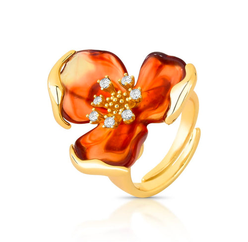 Anel Floral Âmbar dourado com pedra em tom âmbar - semijoia elegante CA Brand